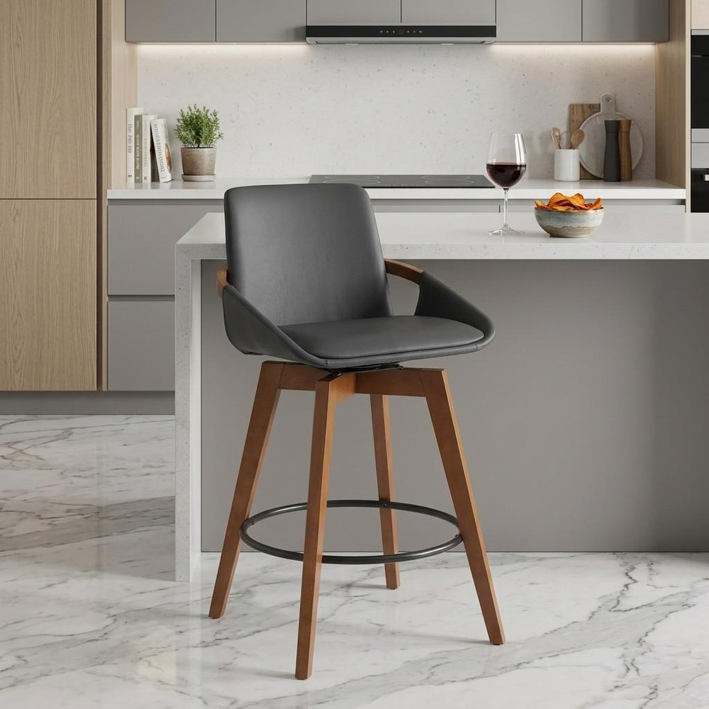 27" Gray And Brown Fabric And Iron Counter Height Swivel Bar Chair HomeRoots