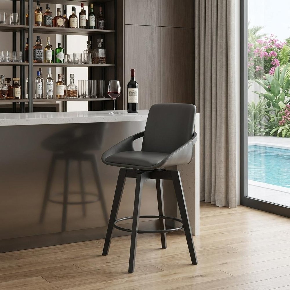 27" Gray And Black Faux Leather And Wood Low Back Bar Height Swivel Bar Chair HomeRoots