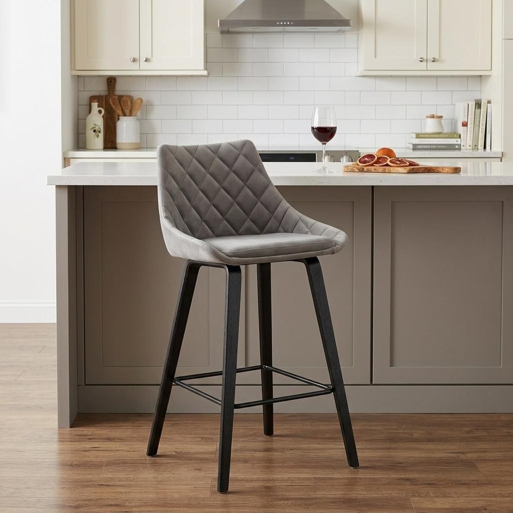 26" Gray And Black Fabric And Iron Counter Height Bar Chair HomeRoots