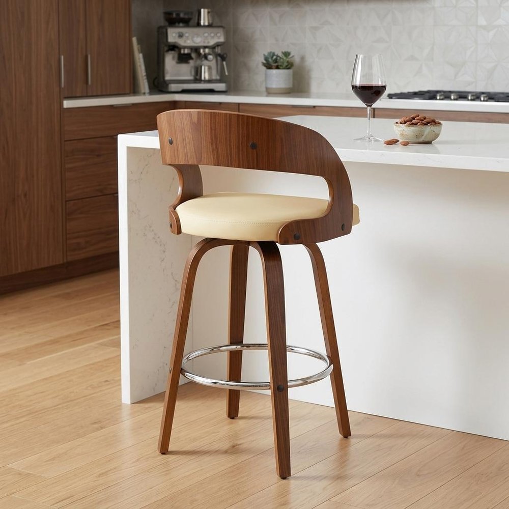 26" Cream And Brown Faux Leather And Fabric And Iron Low Back Counter Height Swivel Bar Chair HomeRoots