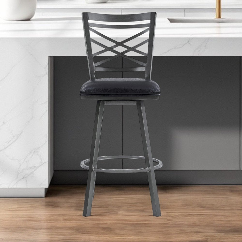 30" Black Faux Leather and Iron Bar Height Swivel Bar Chair HomeRoots