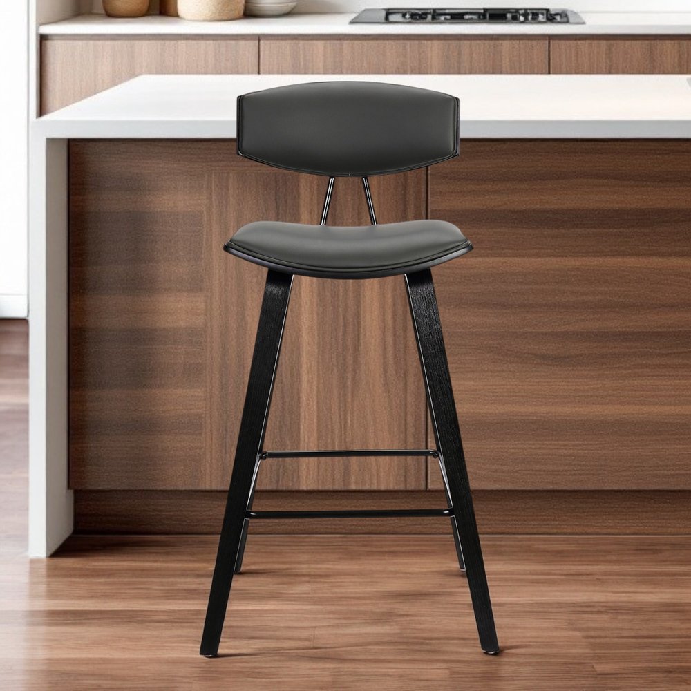 29" Gray And Black Faux Leather And Iron Low Back Bar Height Bar Chair HomeRoots