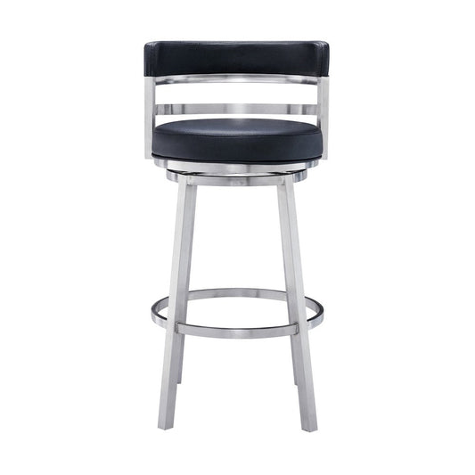 30" Black And Silver Faux Leather And Iron Low Back Bar Height Swivel Bar Chair HomeRoots