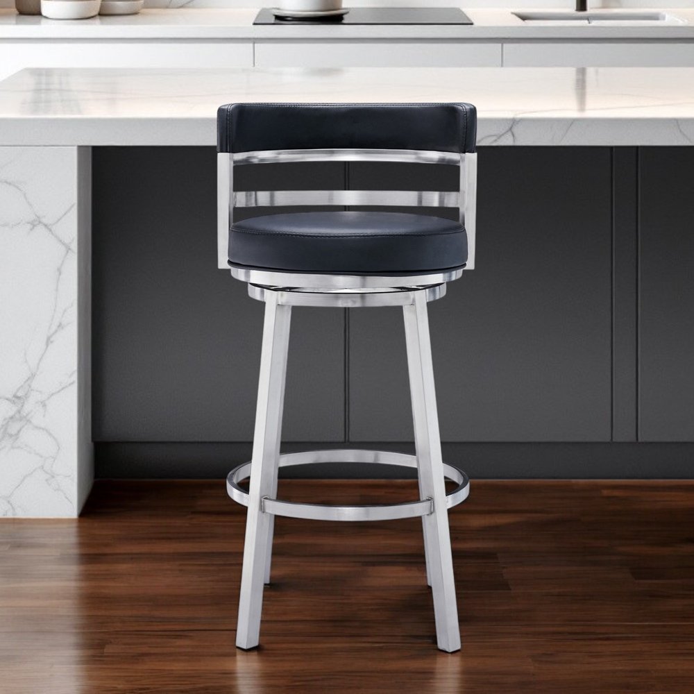 30" Black And Silver Faux Leather And Iron Swivel Low Back Bar Height Bar Chair HomeRoots