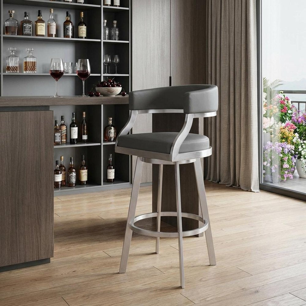 30" Gray And Silver Faux Leather And Faux Leather And Iron Low Back Bar Height Swivel Bar Chair HomeRoots