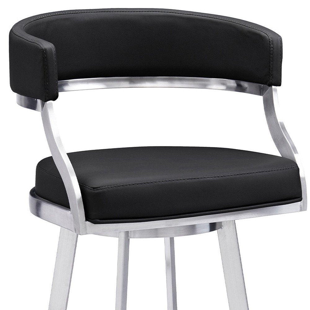26" Black And Silver Faux Leather And Faux Leather And Iron Low Back Counter Height Swivel Bar Chair HomeRoots