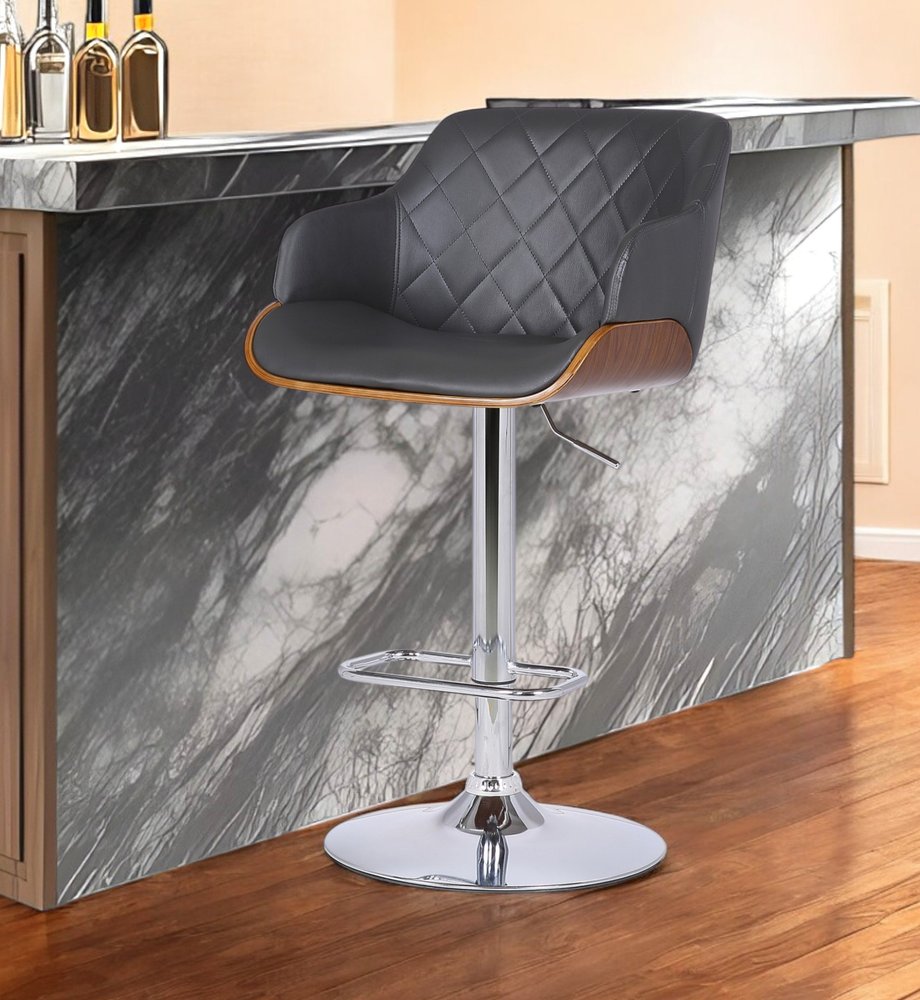 Gray and Silver Faux Leather and Iron Low Back Adjustable Height Swivel Bar Chair HomeRoots