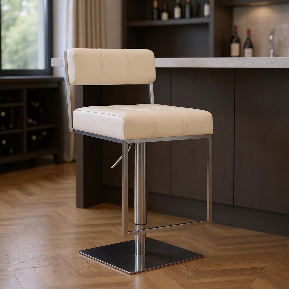 White And Silver Faux Leather And Faux Leather And Iron Low Back Adjustable Height Swivel Bar Chair HomeRoots