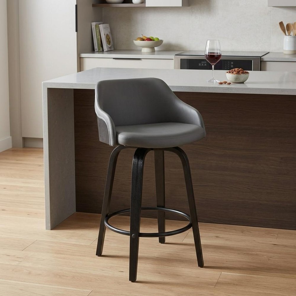 26" Gray And Black Fabric And Iron Low Back Counter Height Swivel Bar Chair HomeRoots