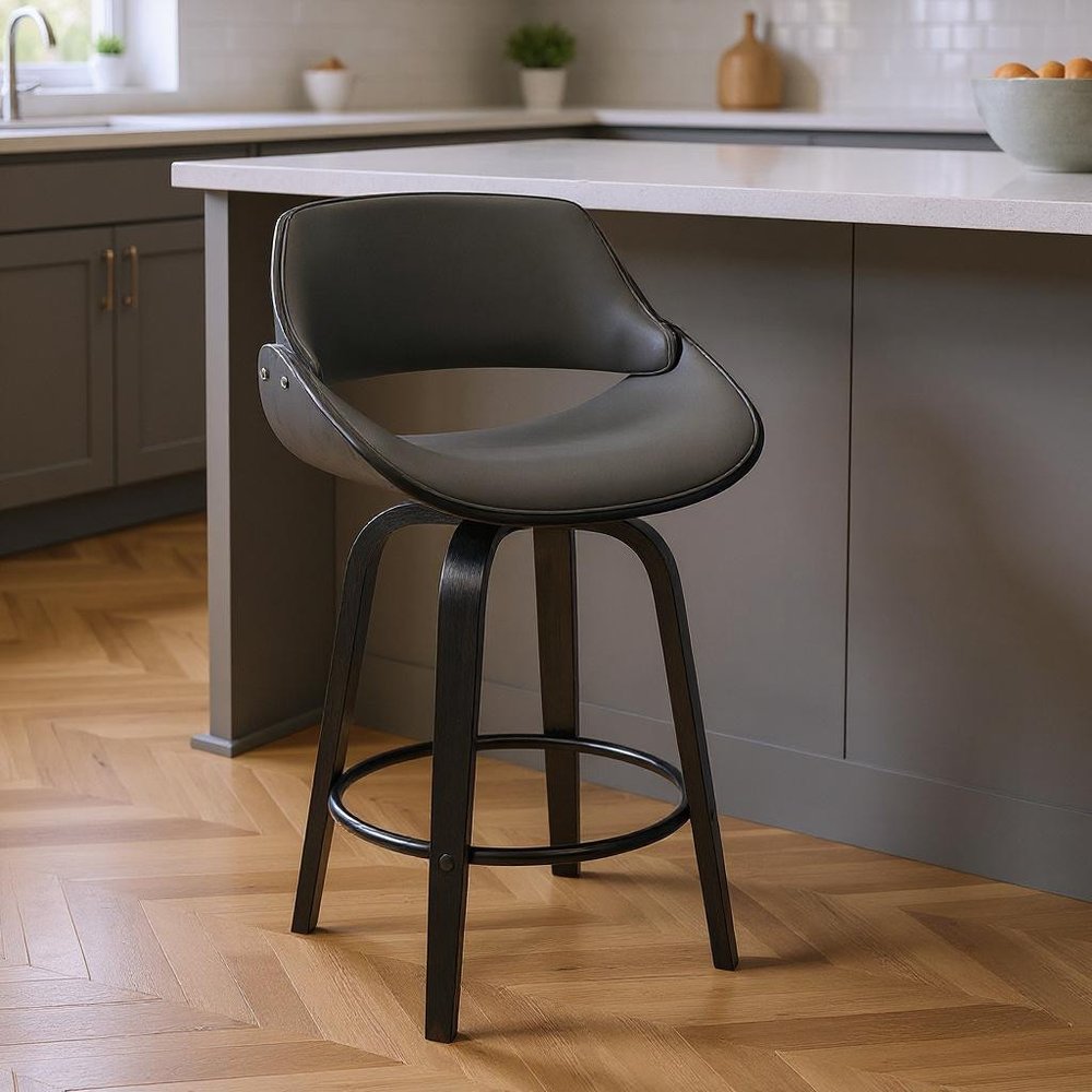 26" Gray And Black Faux Leather And Iron Swivel Low Back Counter Height Bar Chair HomeRoots