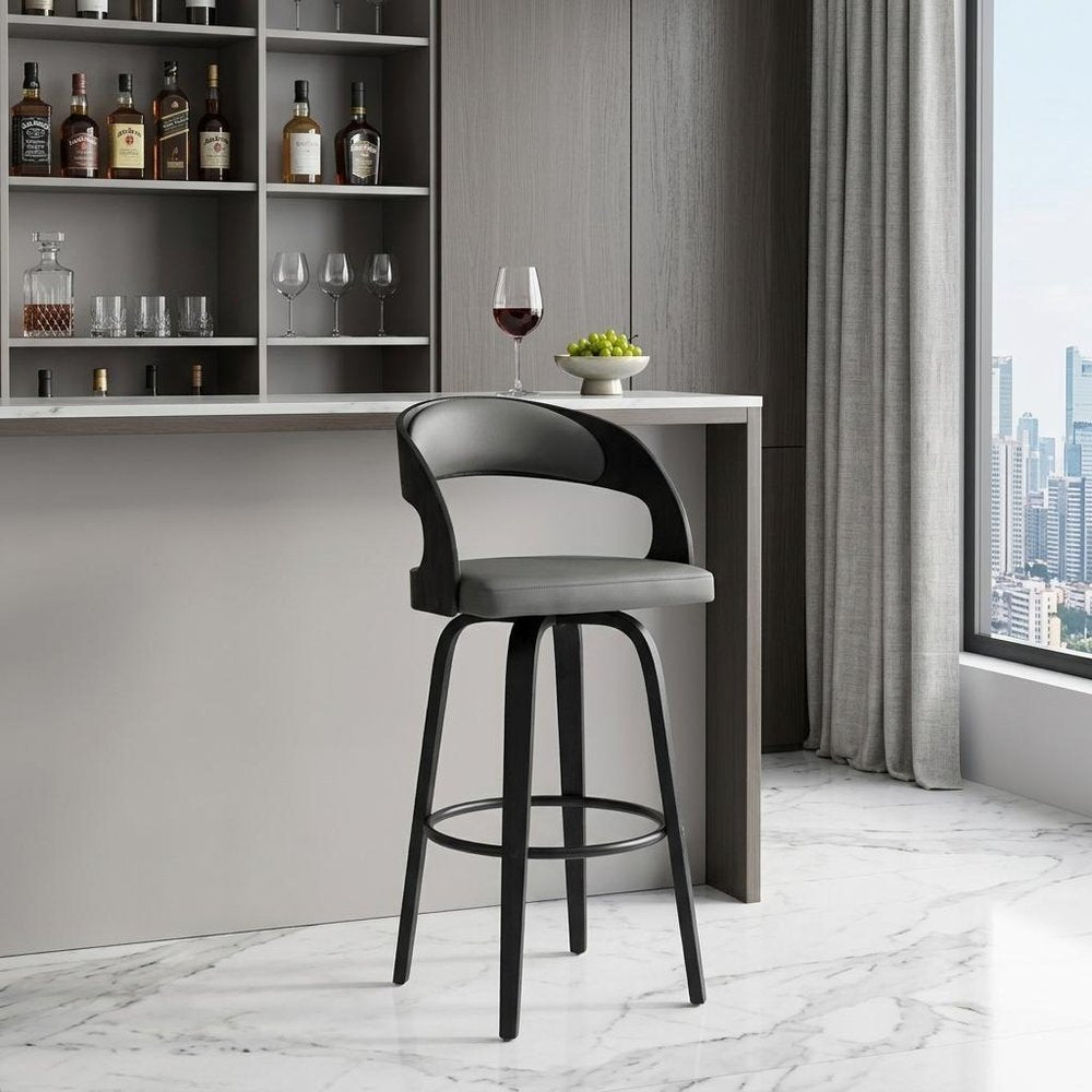 30" Gray And Black Fabric And Iron Low Back Bar Height Swivel Bar Chair HomeRoots