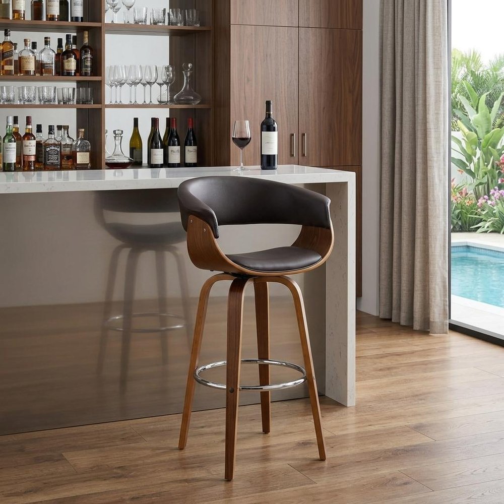 31" Brown Faux Leather And Fabric And Solid Wood Low Back Bar Height Swivel Bar Chair HomeRoots