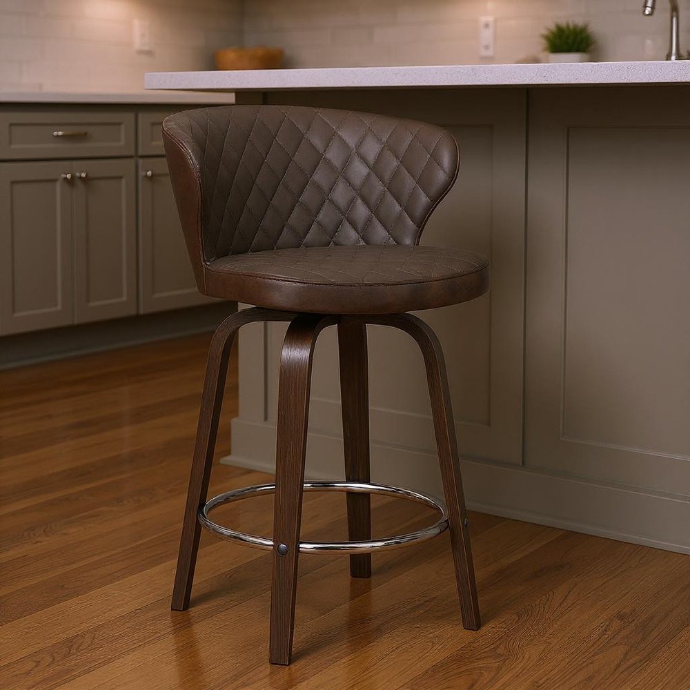26" Brown Faux Leather And Fabric And Iron Low Back Counter Height Swivel Bar Chair HomeRoots