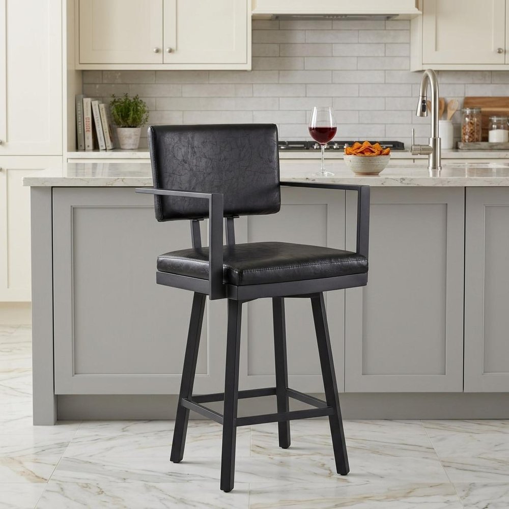 26" Black Faux Leather And Iron Counter Height Swivel Bar Chair HomeRoots