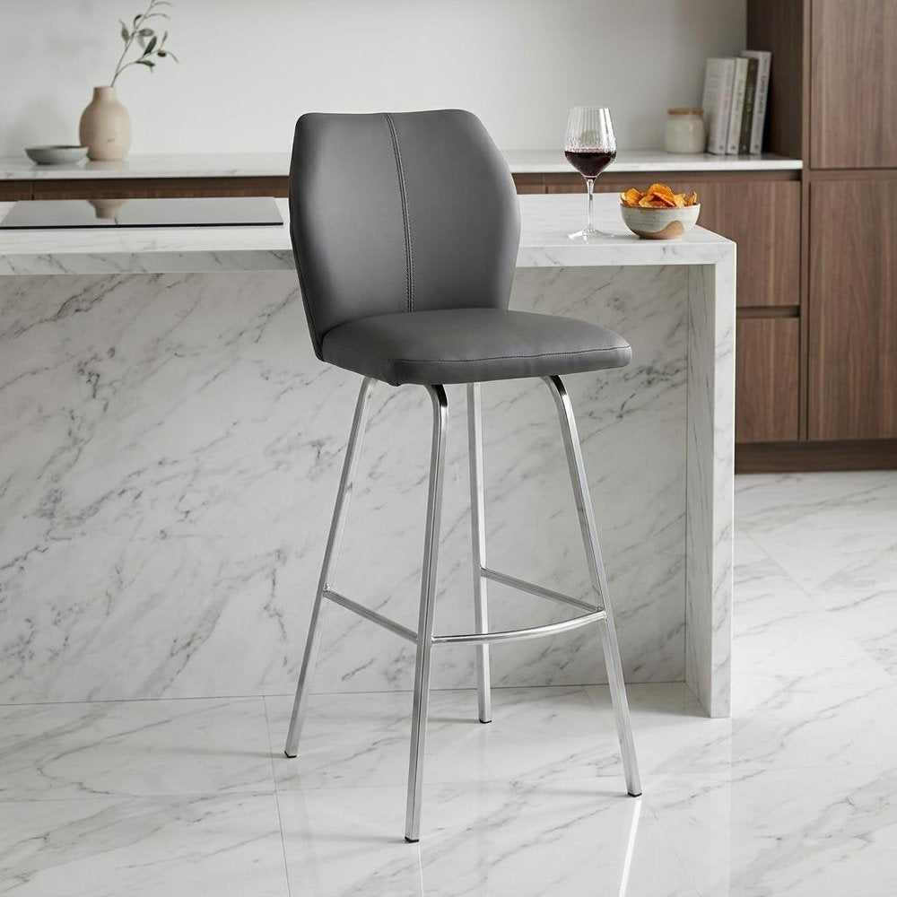26" Gray And Silver Faux Leather And Iron Counter Height Bar Chair HomeRoots