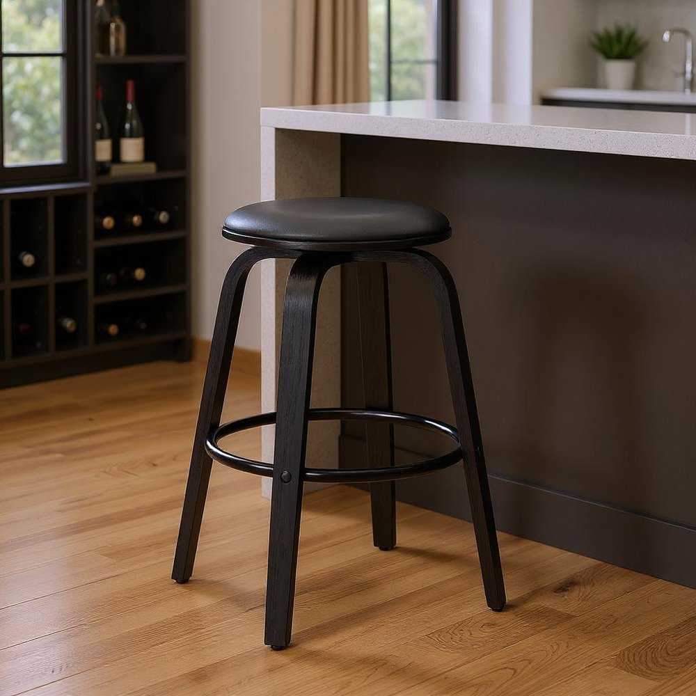 29" Gray And Black Fabric And Solid Wood Backless Bar Height Swivel Bar Chair HomeRoots