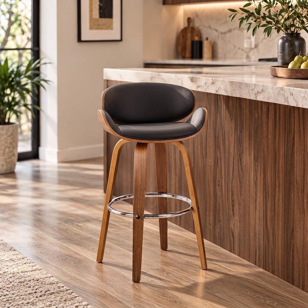 26" Brown Faux Leather And Fabric And Iron Low Back Counter Height Swivel Bar Chair