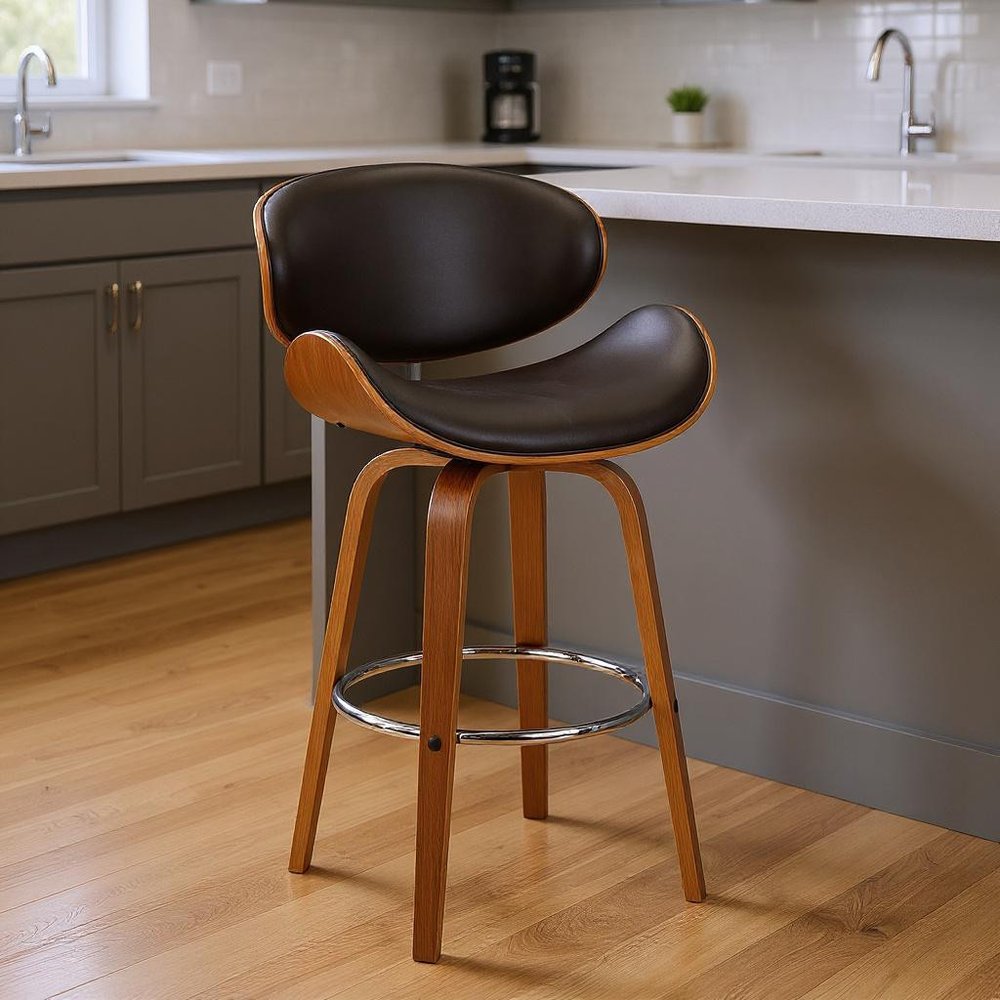 26" Brown Faux Leather And Fabric And Iron Low Back Counter Height Swivel Bar Chair HomeRoots