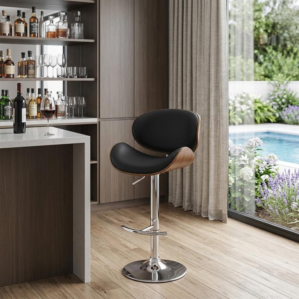Black And Silver Faux Leather And Fabric And Solid Wood Low Back Adjustable Height Swivel Bar Chair HomeRoots
