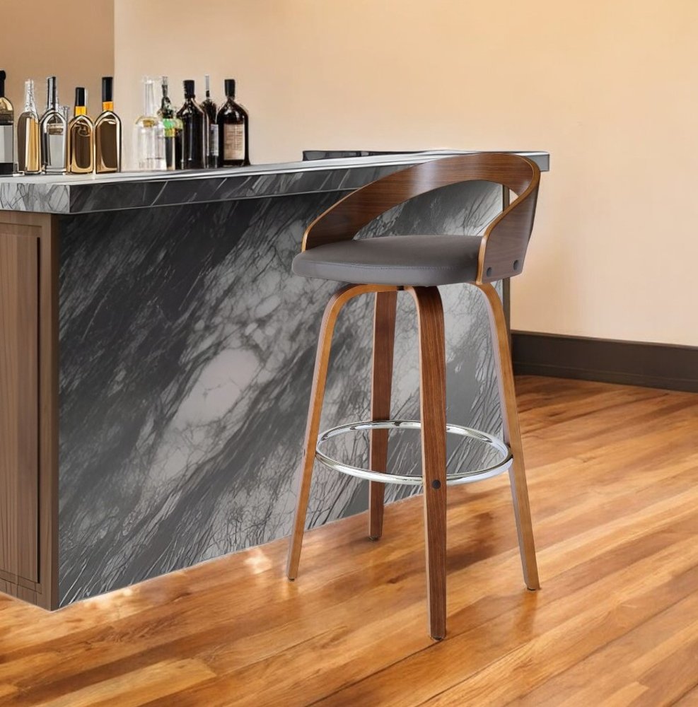 30" Gray and Brown Faux Leather and Iron Low Back Bar Height Swivel Bar Chair HomeRoots