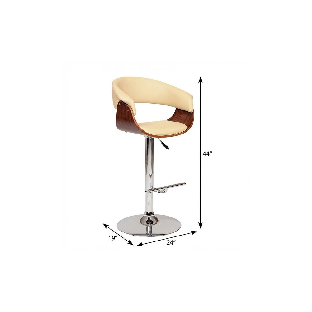Cream And Silver Faux Leather And Fabric And Solid Wood Low Back Adjustable Height Swivel Bar Chair HomeRoots