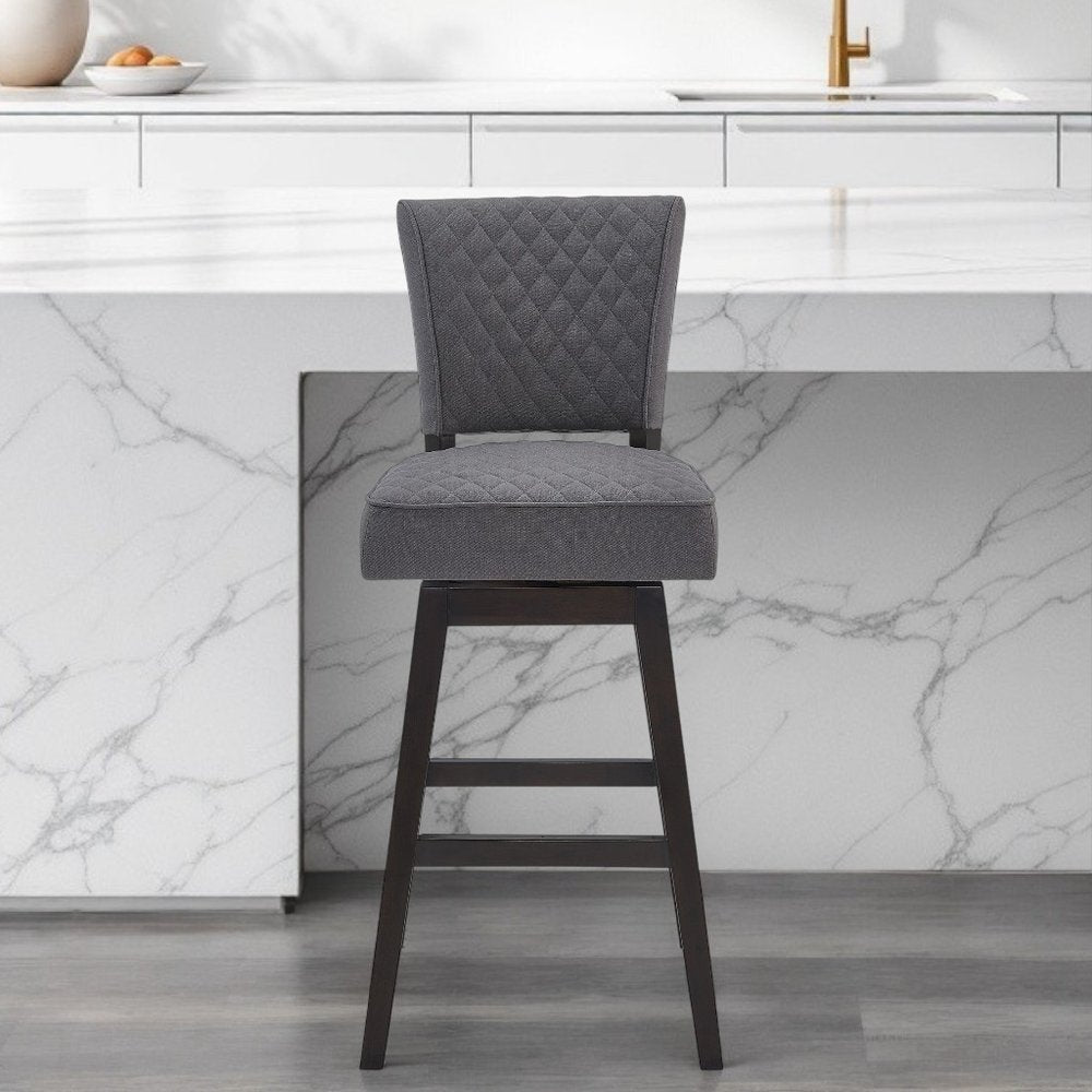 26" Gray and Espresso Fabric and Solid Wood Counter Height Swivel Bar Chair HomeRoots
