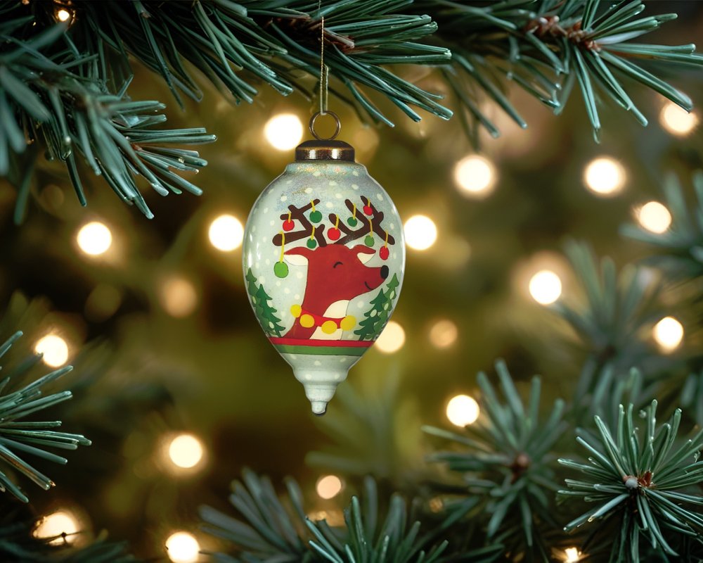Festive Glitter Reindeer with Lights Hand Painted Mouth Blown Glass Ornament HomeRoots