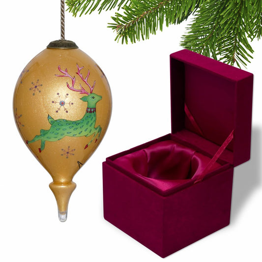 Golden Reindeer and Snowflakes Hand Painted Mouth Blown Glass Ornament HomeRoots