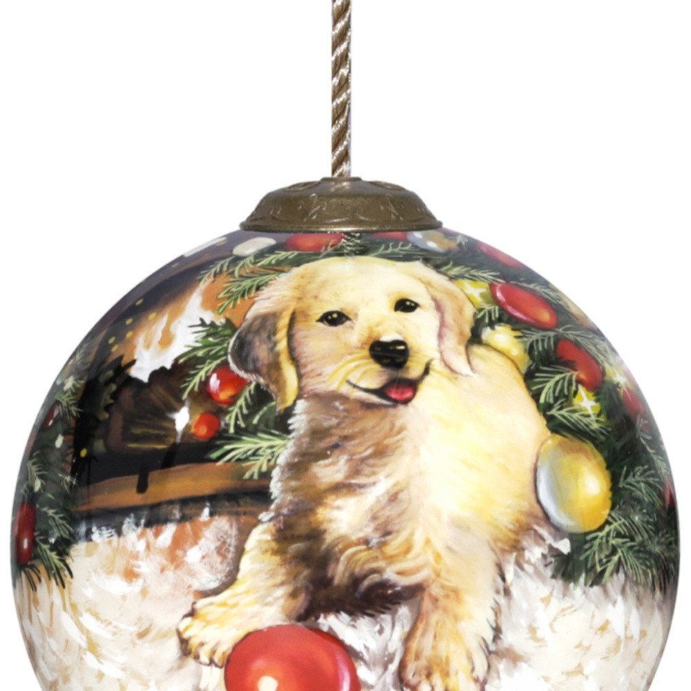 Puppy under the Christmas Tree Hand Painted Mouth Blown Glass Ornament HomeRoots