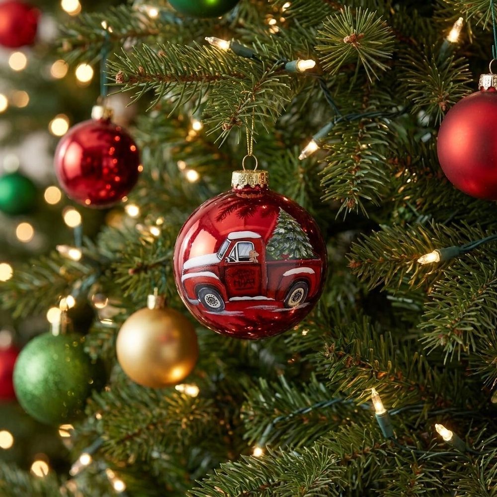 Red Farm Truck with Tree Hand Painted Mouth Blown Glass Ornament HomeRoots