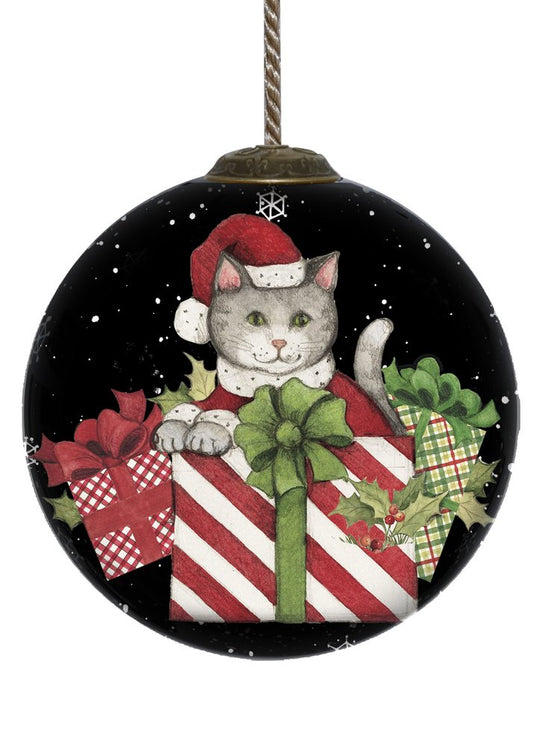 Christmas Cat with Presents Hand Painted Mouth Blown Glass Ornament HomeRoots