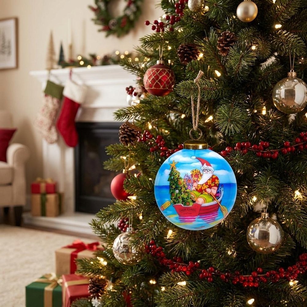 Rowing Santa Express Hand Painted Mouth Blown Glass Ornament HomeRoots