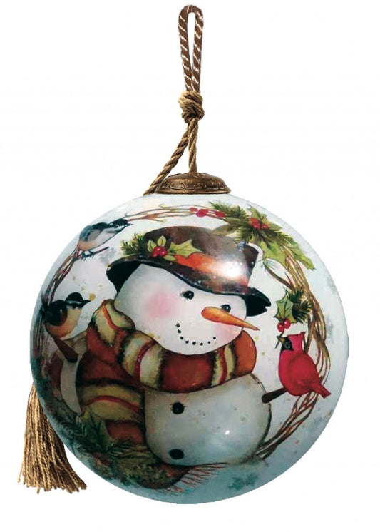 Winter Wreath Forest Snowman Hand Painted Mouth Blown Glass Ornament HomeRoots