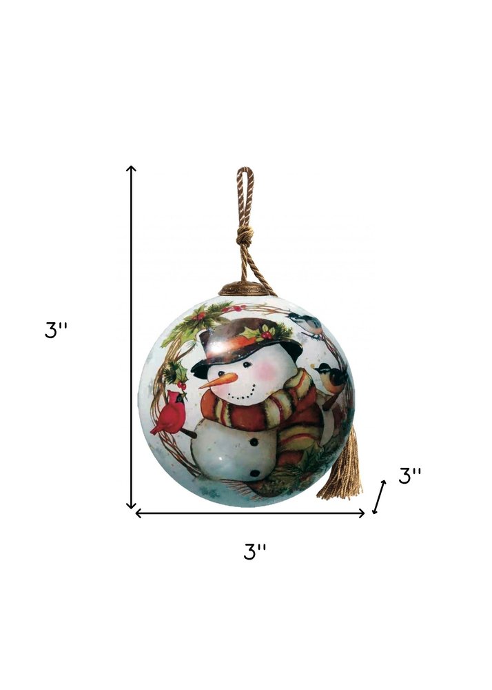 Winter Wreath Forest Snowman Hand Painted Mouth Blown Glass Ornament HomeRoots