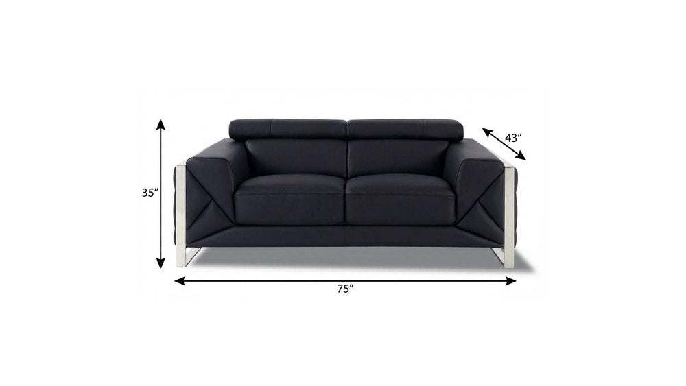 75" Black And Silver Italian Leather Loveseat HomeRoots