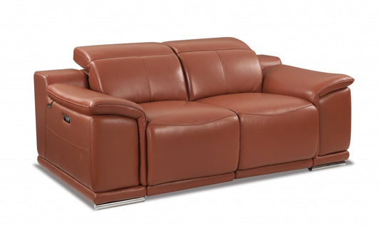 72" Camel And Silver Italian Leather Power Reclining Loveseat HomeRoots