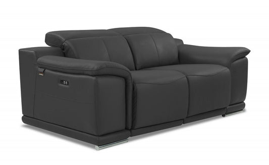 72" Gray And Silver Italian Leather Power Reclining Loveseat HomeRoots