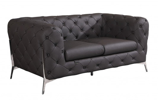 69" Brown And Silver Italian Leather Loveseat HomeRoots