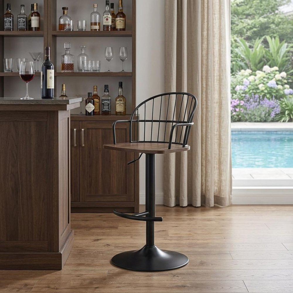 Brown And Black Solid Wood And Iron Low Back Adjustable Height Bar Chair HomeRoots