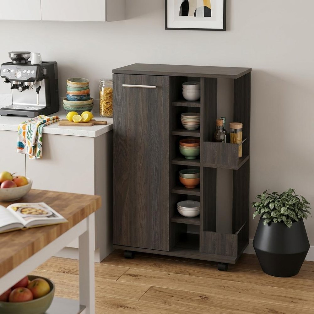 24" Espresso Wood Flat Door Rolling Kitchen Cart With Storage HomeRoots