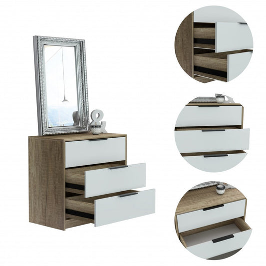 28" Brown And White Wood Three Drawer Dresser