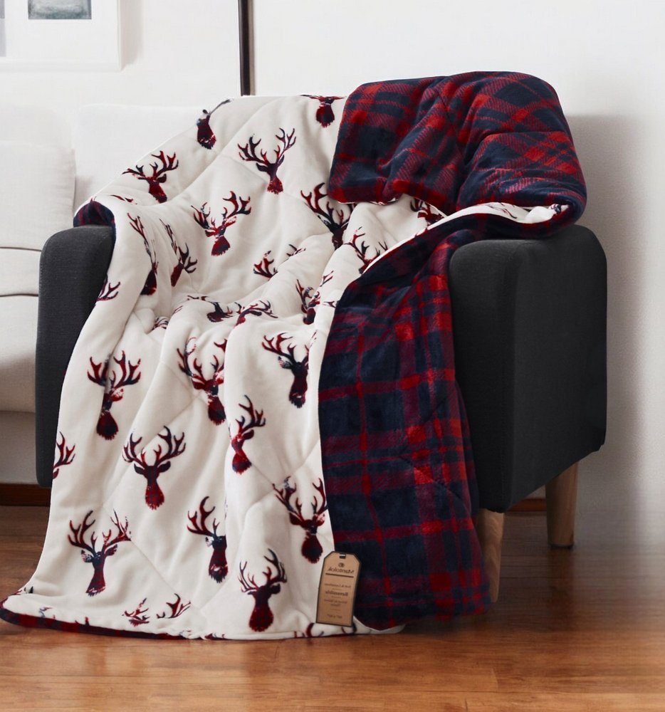 Deer Head Red Navy Printed Velvet and Velvet Throw Blanket HomeRoots