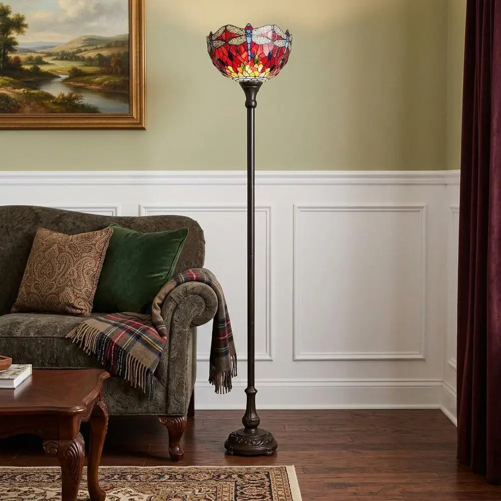 69" Black And Red Torchiere Floor Lamp With Red Dragonfly Glass Dome Shade HomeRoots