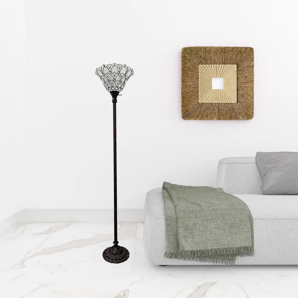 62" Brown And White Floor Lamp With White Peacock Feather Glass Bell Shade HomeRoots