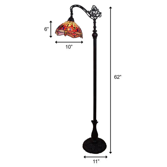 61" Black And Red Torchiere Floor Lamp With Red Dragonfly Glass Dome Shade HomeRoots