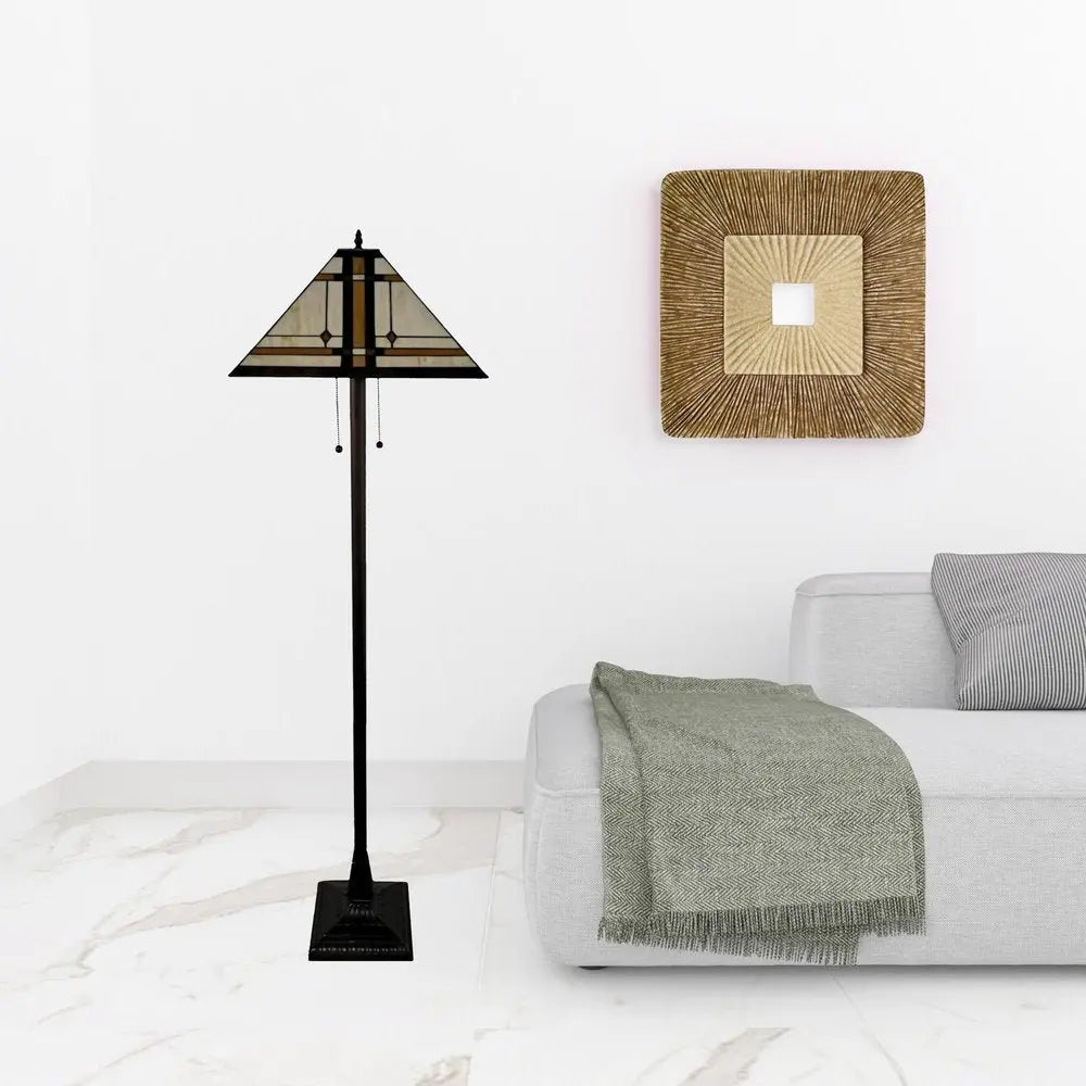 62" Brown And White Two Light Floor Lamp With Brown And White Glass Cone Shade HomeRoots