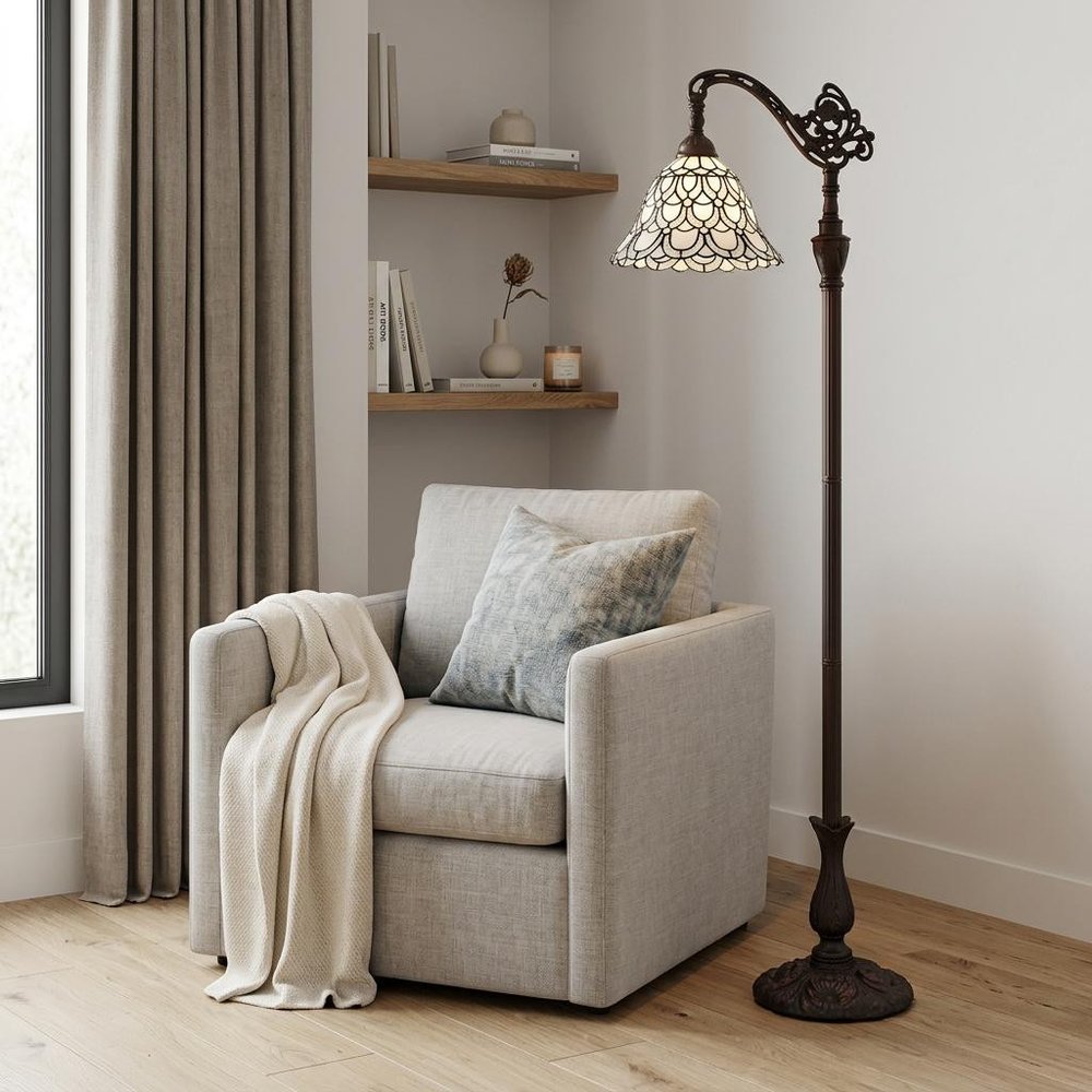 62" Brown Traditional Shaped Floor Lamp With White Stained Glass Bowl Shade HomeRoots