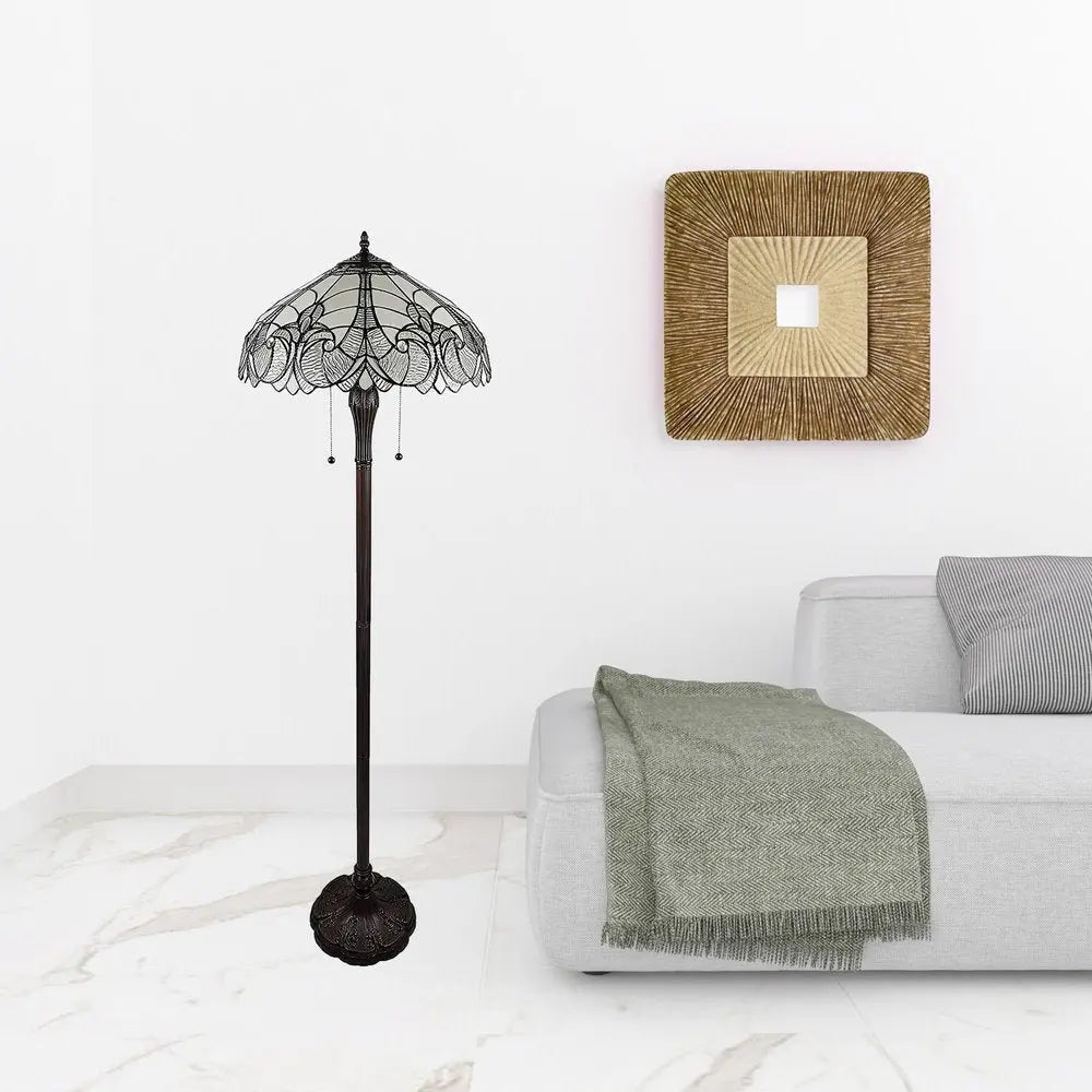 62" Dark Brown Two Light Torchiere Floor Lamp With White Fleur de Lis Glass Dome Shade HomeRoots