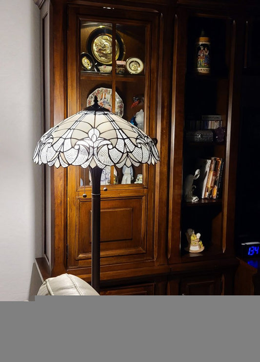 62" Dark Brown Two Light Torchiere Floor Lamp With White Fleur de Lis Glass Dome Shade HomeRoots