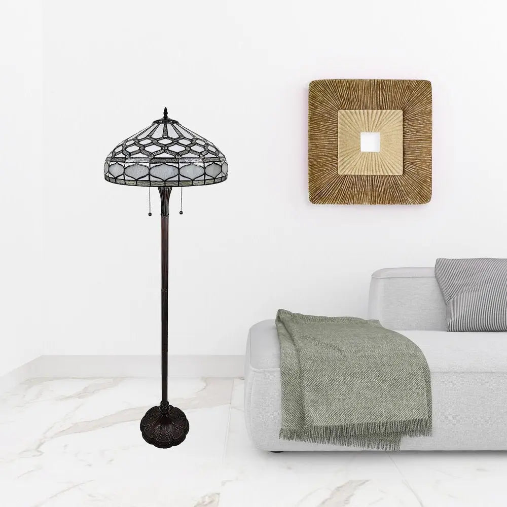 62" Brown And White Two Light Torchiere Floor Lamp With White Geometric Glass Dome Shade HomeRoots